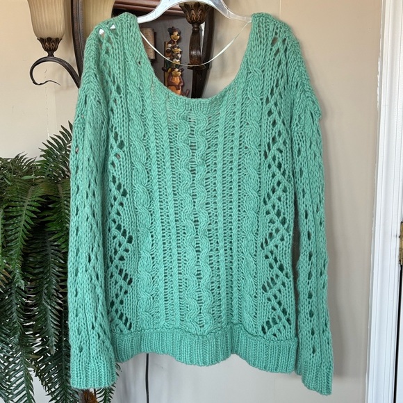 Free People Maribel Fluff Wool Mohair Blend Cable Knit Pullover Green Sweater - Picture 7 of 15